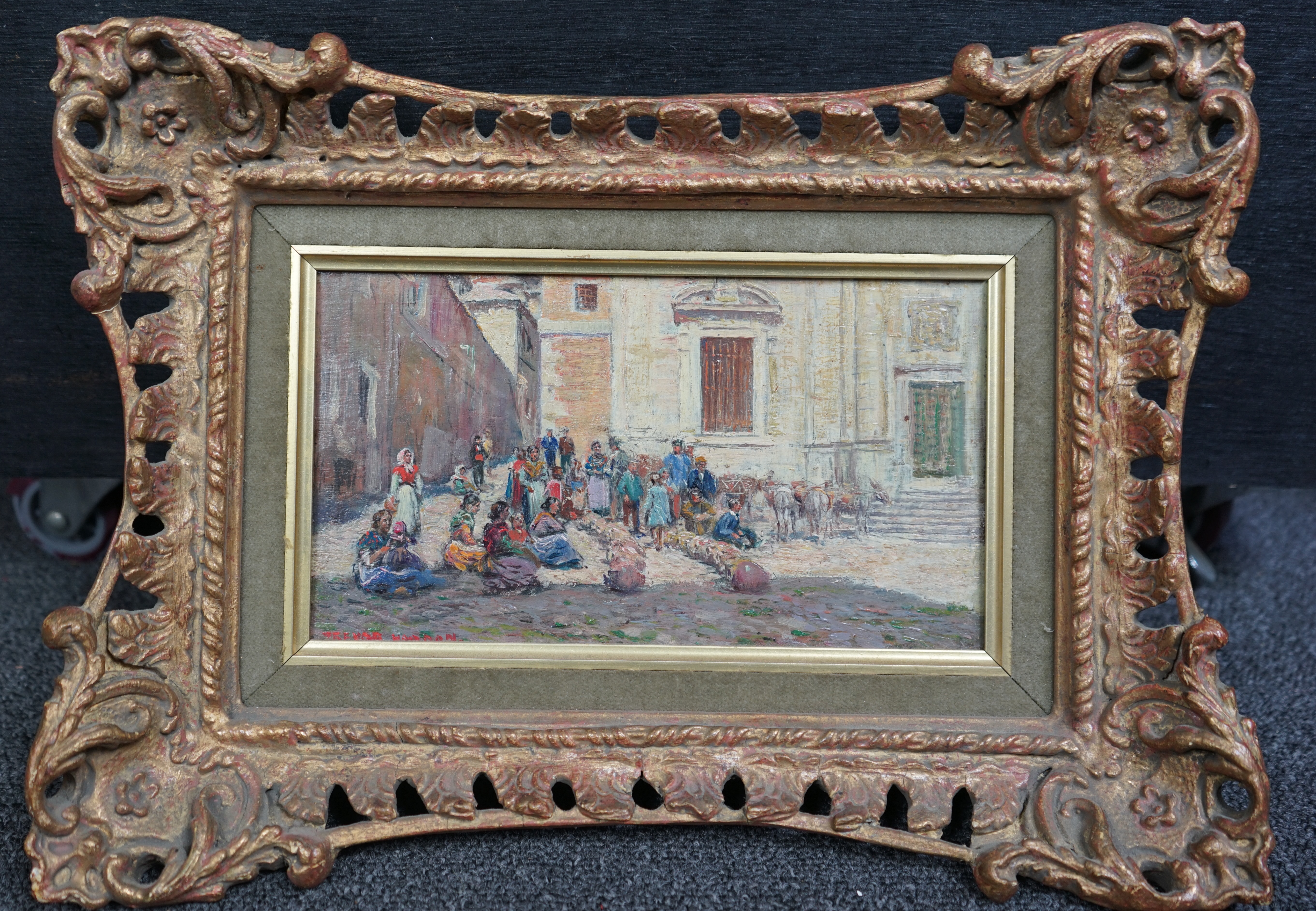 Arthur Trevor Haddon (British, 1864-1941), Figures in a Spanish town square, oil on panel, 11.5 x 21cm